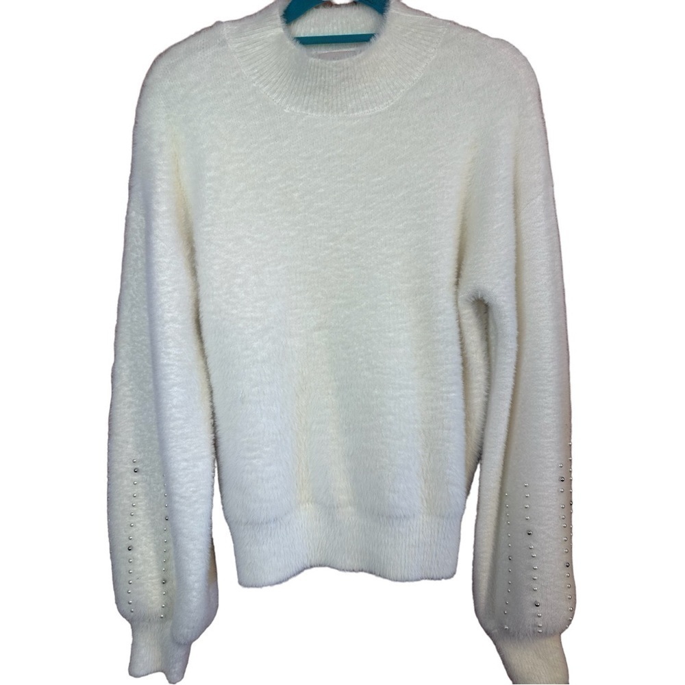 Philosophy Mock Turtleneck Pearl Embellished Sleeve Long Sleeve Eyelash Sweater